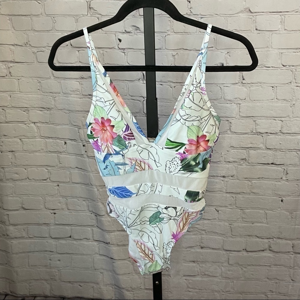 White Floral V-Neck One-Piece Swimsuit